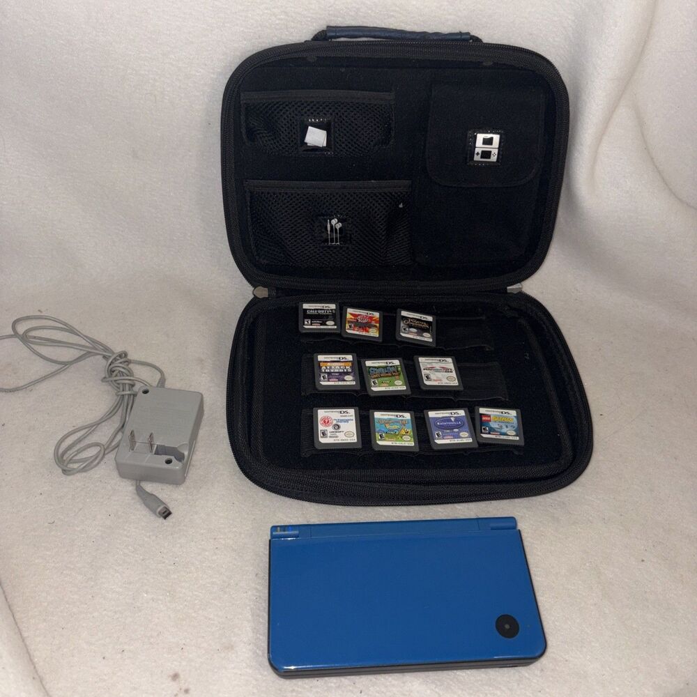 Nintendo DSi XL Blue Handheld Console Bundle UTL-001 Tested Case 10 Games 2008